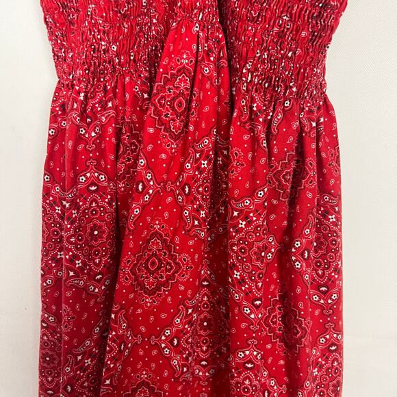 Women's Handkerchief Print Smocked Red Maxi Dress Size S/M - Picture 4 of 13